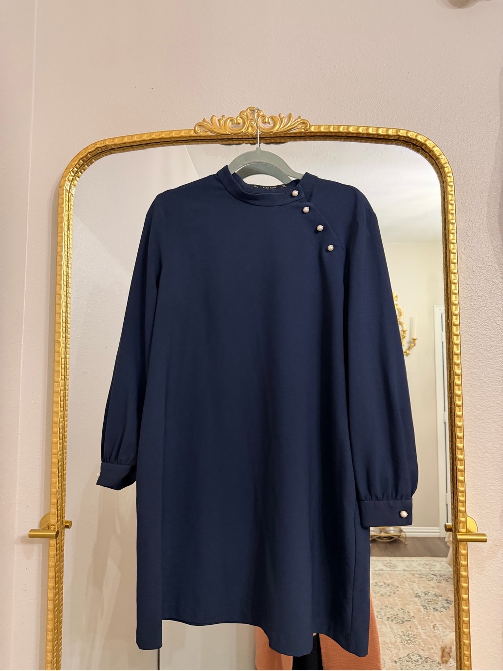 Zara Navy Long Sleeve Shift Dress with Pearl Buttons